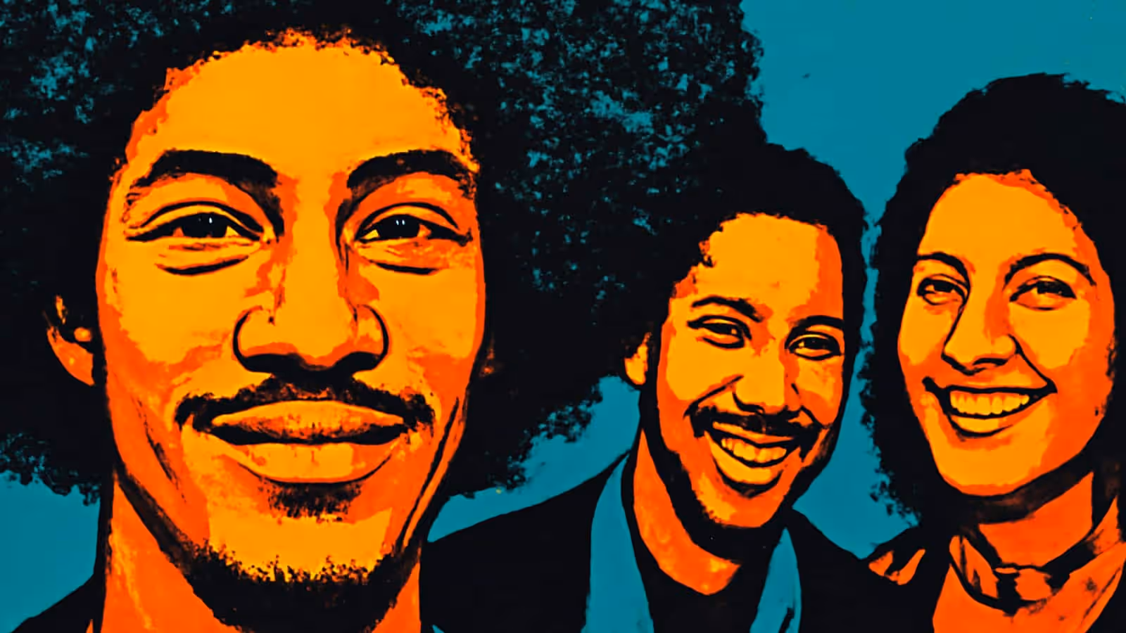 رسم توضيحي بأسلوب البوب آرت لثلاثة أشخاص يقفون قريبًا من بعضهم البعض في الهواء الطلق، اثنان منهم يبتسمان نحو المشاهد.
