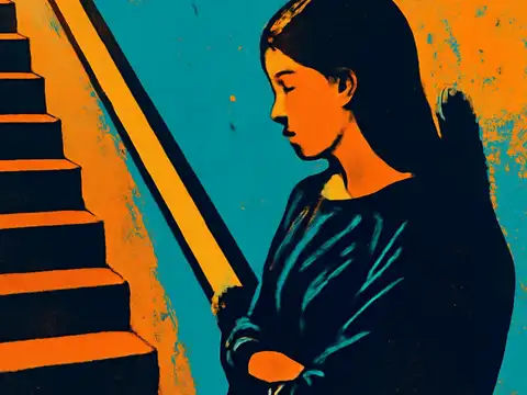 Pop-art illustration of a woman standing with folded arms beside a stairwell, looking down at the steps.