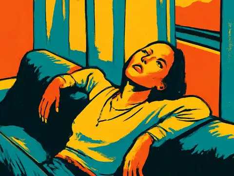 Pop-art illustration of a woman lying back on a sofa beside a window, one arm resting over a cushion, looking upward.