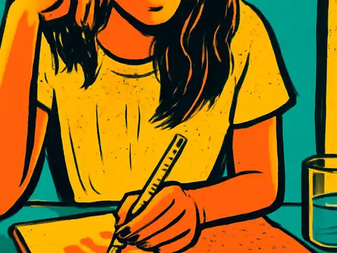 Pop-art illustration of a woman writing at a table with a hand resting on her forehead, a glass and bottle beside her.