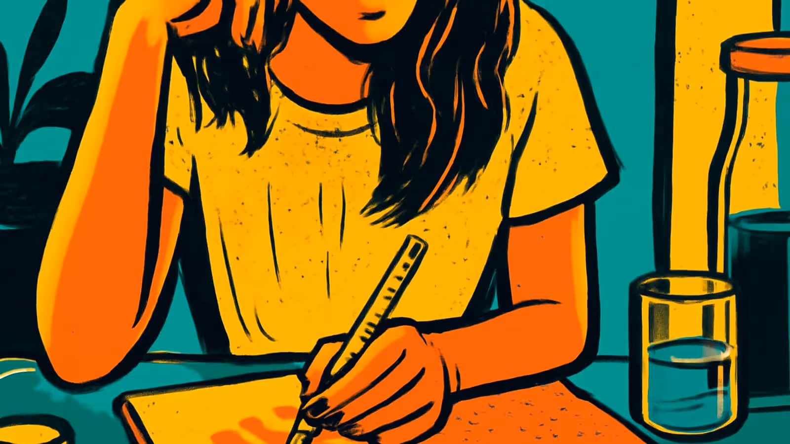 Pop-Art-Illustration einer Frau, die an einem Tisch schreibt, mit einer Hand, die auf ihrer Stirn ruht, einem Glas und einer Flasche neben ihr.