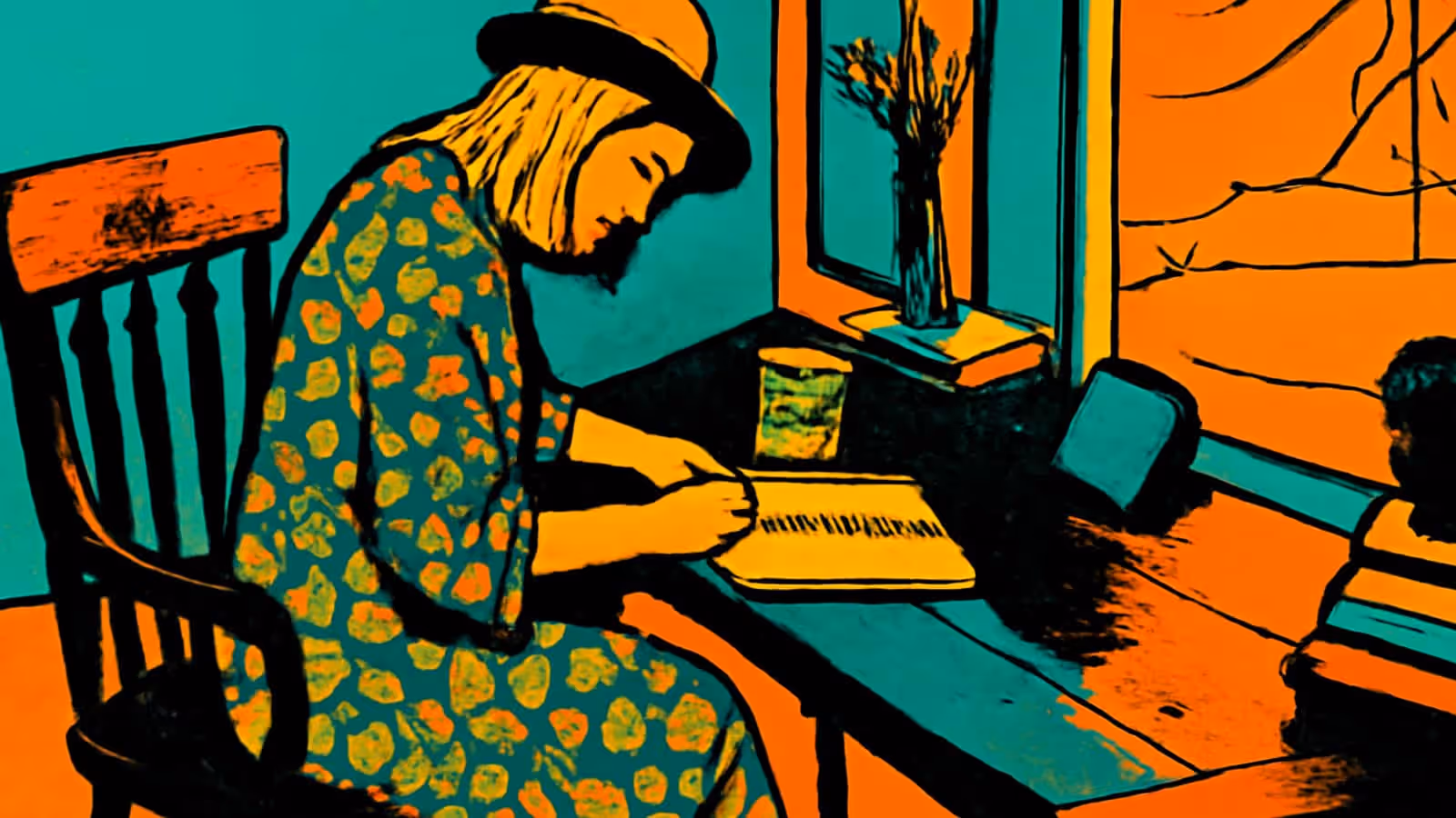 Ilustración de pop-art de una persona con sombrero y vestido estampado sentada en una mesa, inclinada sobre un cuaderno abierto escribiendo.