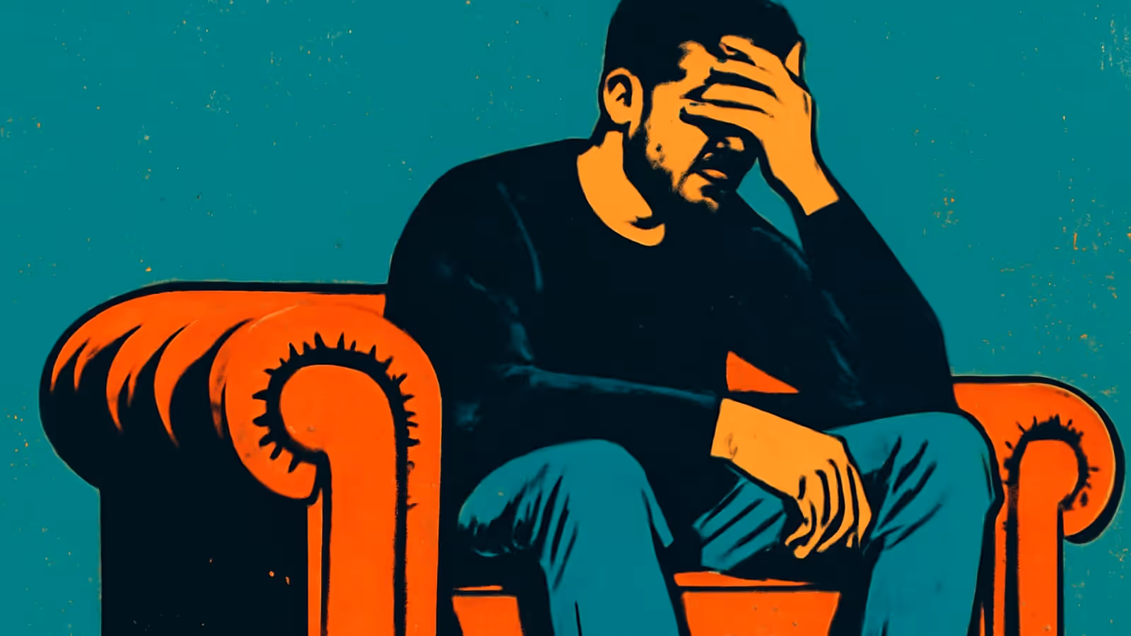 Une personne barbu est assise en avant dans un fauteuil, une main couvrant son front et ses yeux, représentée sous la forme d'une illustration plate en teal et orange.