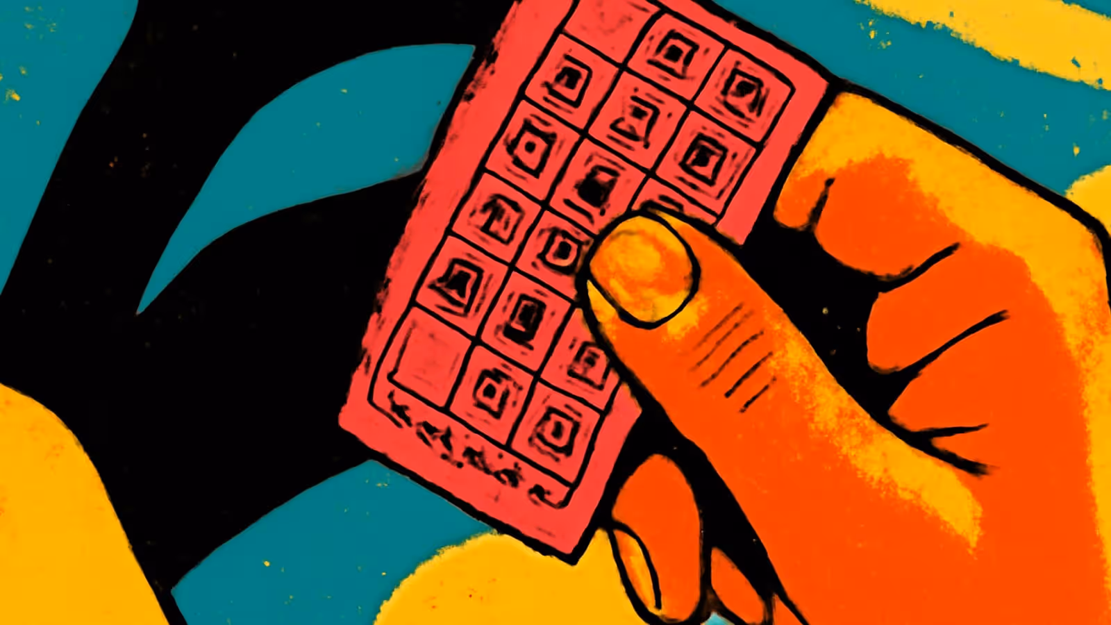 Una mano sosteniendo un boleto rosa impreso con una cuadrícula de cuadros numerados, representado como una ilustración plana en naranja y teal.
