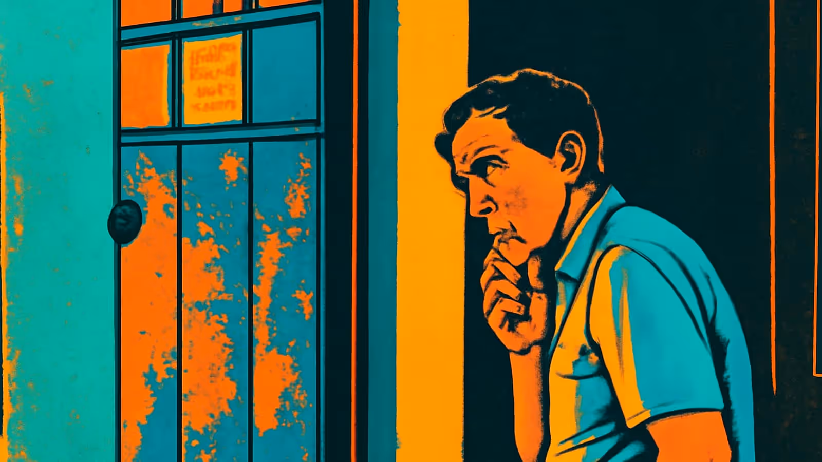 Pop-Art-Illustration eines Mannes, der gerade im Türrahmen steht, mit einer Hand an seinem Mund und mit dem Blick von dem Licht abgewandt.