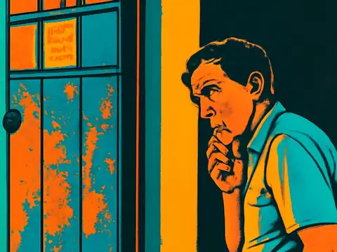 Pop-art illustration of a man standing just inside a doorway with one hand raised to his mouth, looking away from the light.