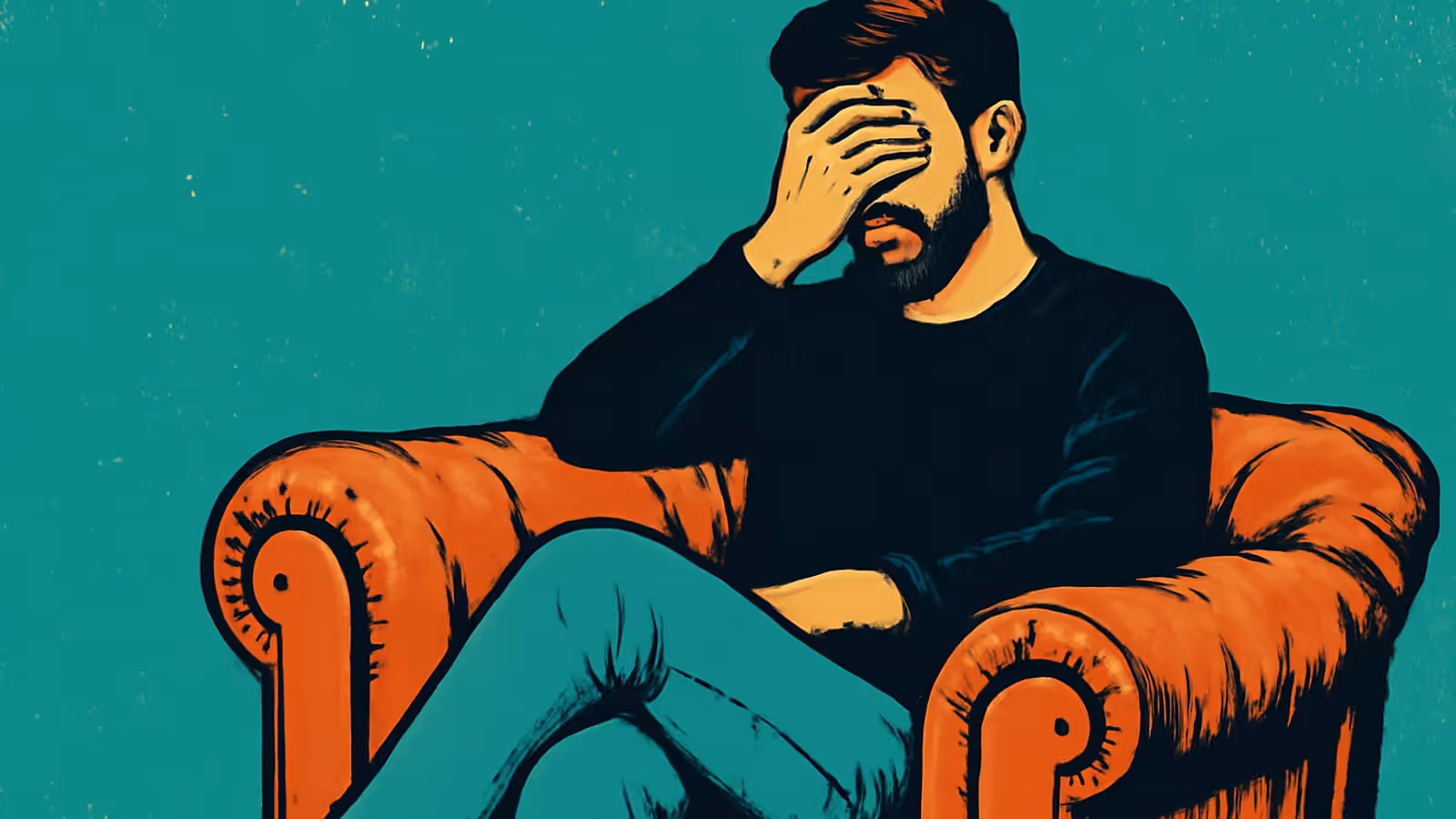 Pop-Art-Illustration eines Mannes, der in einem Sessel sitzt, mit übergeschlagenen Beinen, die Augen mit einer Hand bedeckt, in Orange und Türkis.