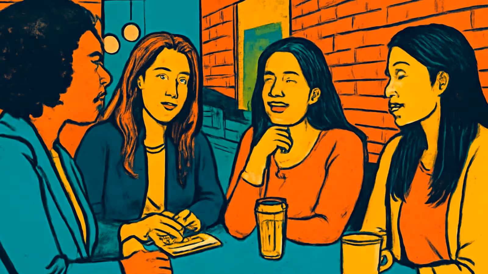 Ilustración de pop-art de cinco personas conversando alrededor de una mesa con tazas de café, una de ellas tomando notas.