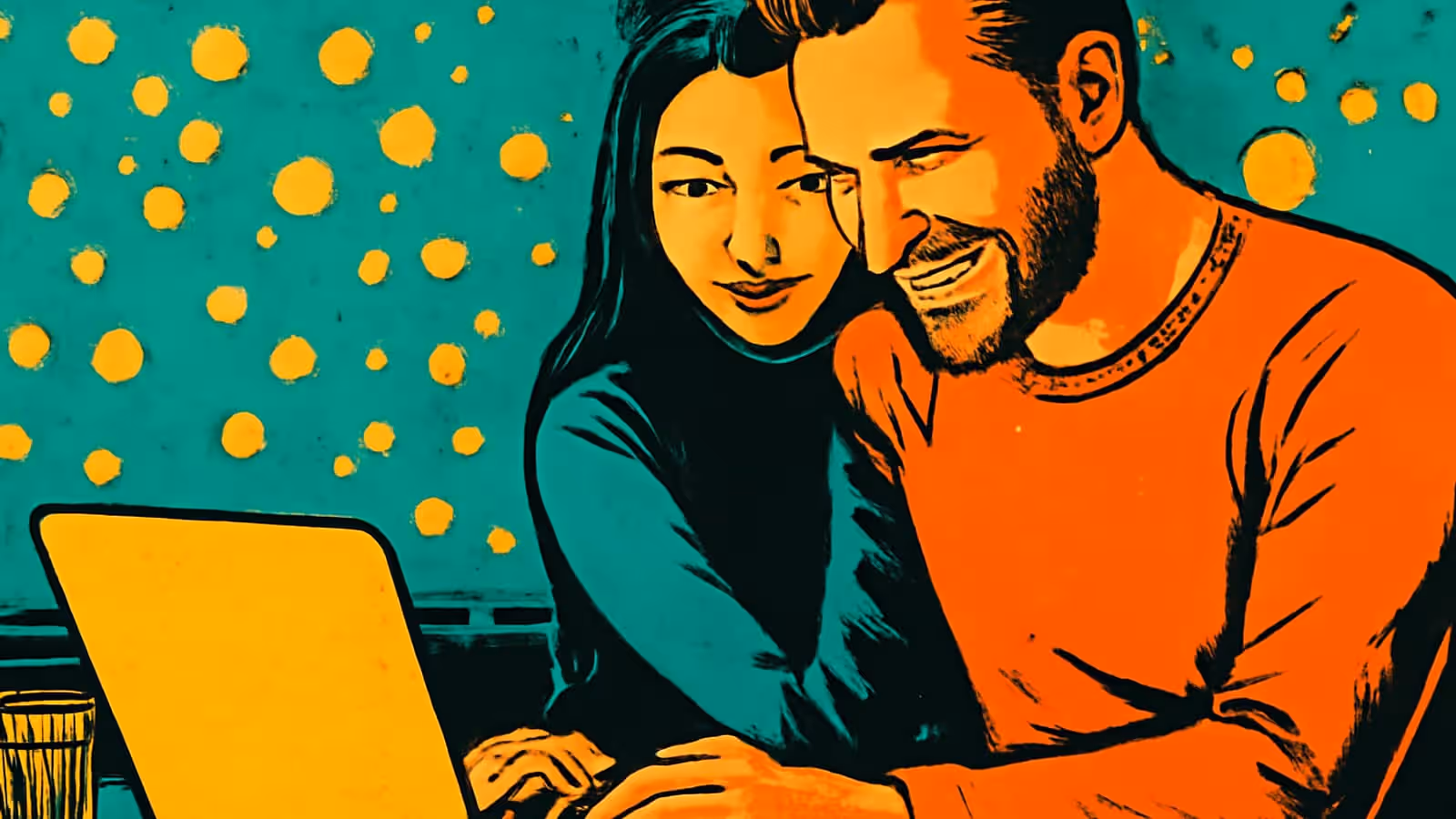 Pop-art illustration of a couple looking at a laptop together.