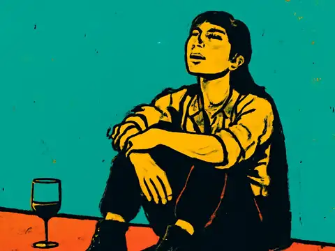Pop-art illustration of a person sitting on the floor against a plain wall with their arms around their knees, a glass on the ground beside them.