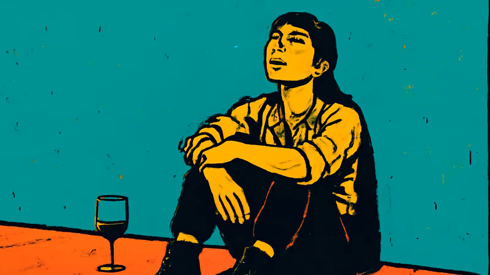 Pop-Art-Illustration einer Person, die auf dem Boden gegen eine schlichte Wand sitzt, mit den Armen um die Knie, ein Glas liegt neben ihnen auf dem Boden.
