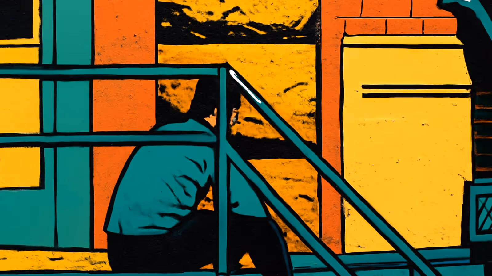 Ilustración de pop-art de una persona sentada en escalones exteriores detrás de una barandilla, vista desde atrás con la cabeza agachada.