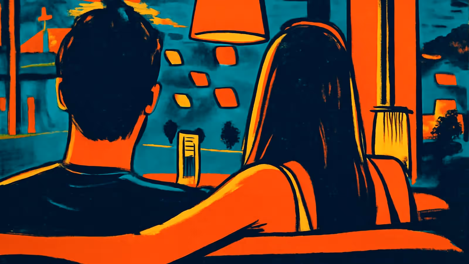 Pop-art illustration of two people sitting together on a sofa, seen from behind.
