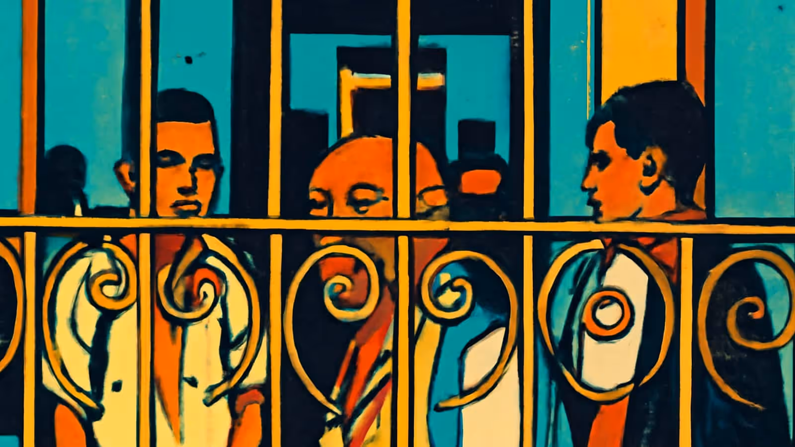 Pop-art illustration of four schoolchildren in white shirts standing behind an ornamental metal gate, two of them looking out.