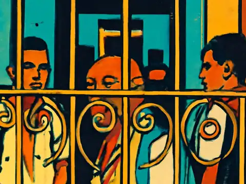 Pop-art illustration of four schoolchildren in white shirts standing behind an ornamental metal gate, two of them looking out.