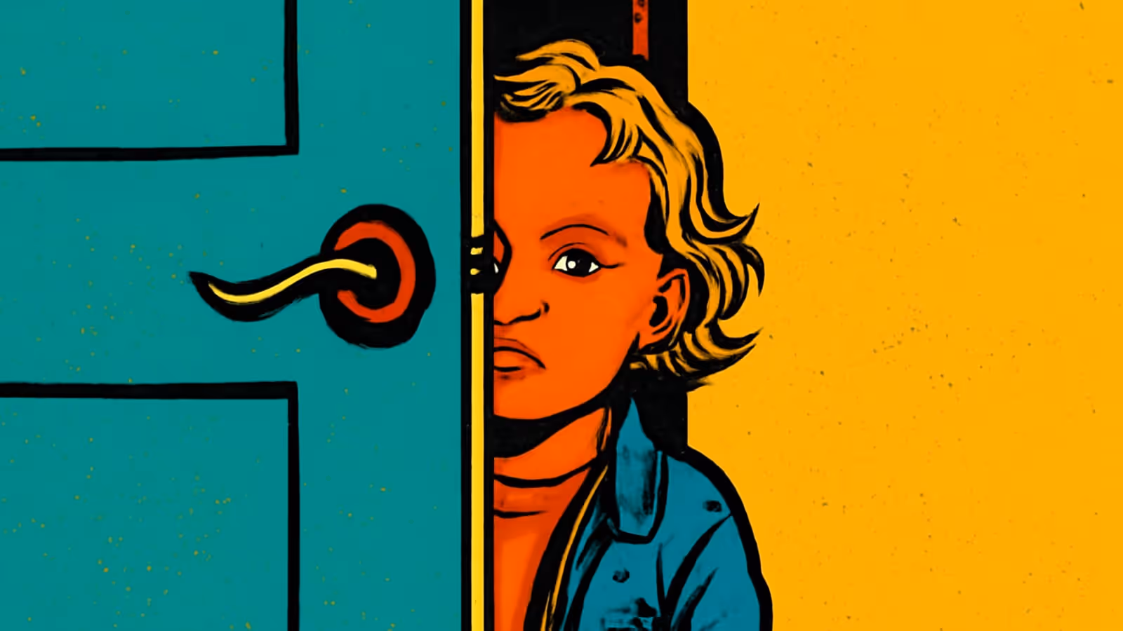 Pop-Art-Illustration eines kleinen Kindes mit lockigem blonden Haar, das ängstlich hinter einer teilweise geöffneten türkisfarbenen Tür hervorschaut, ein Auge und die Hälfte des Gesichts sichtbar, trägt eine blaue Jeansjacke, vor einem leuchtend gelben Hintergrund.