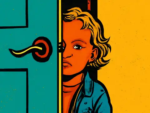 Pop-art illustration of a young child with curly blond hair peeking apprehensively from behind a partly open teal door, one eye and half the face visible, wearing a blue denim jacket, against a bright yellow background.