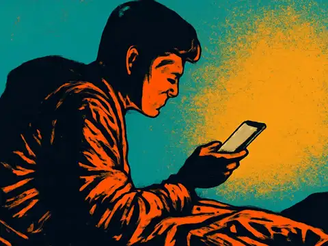 Pop-art illustration of a person sitting up in bed under a duvet, lit by the glow of the phone they are holding.