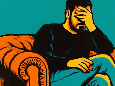 Pop-art illustration of a bearded man sitting back on an orange armchair against a teal background, one hand covering his eyes.