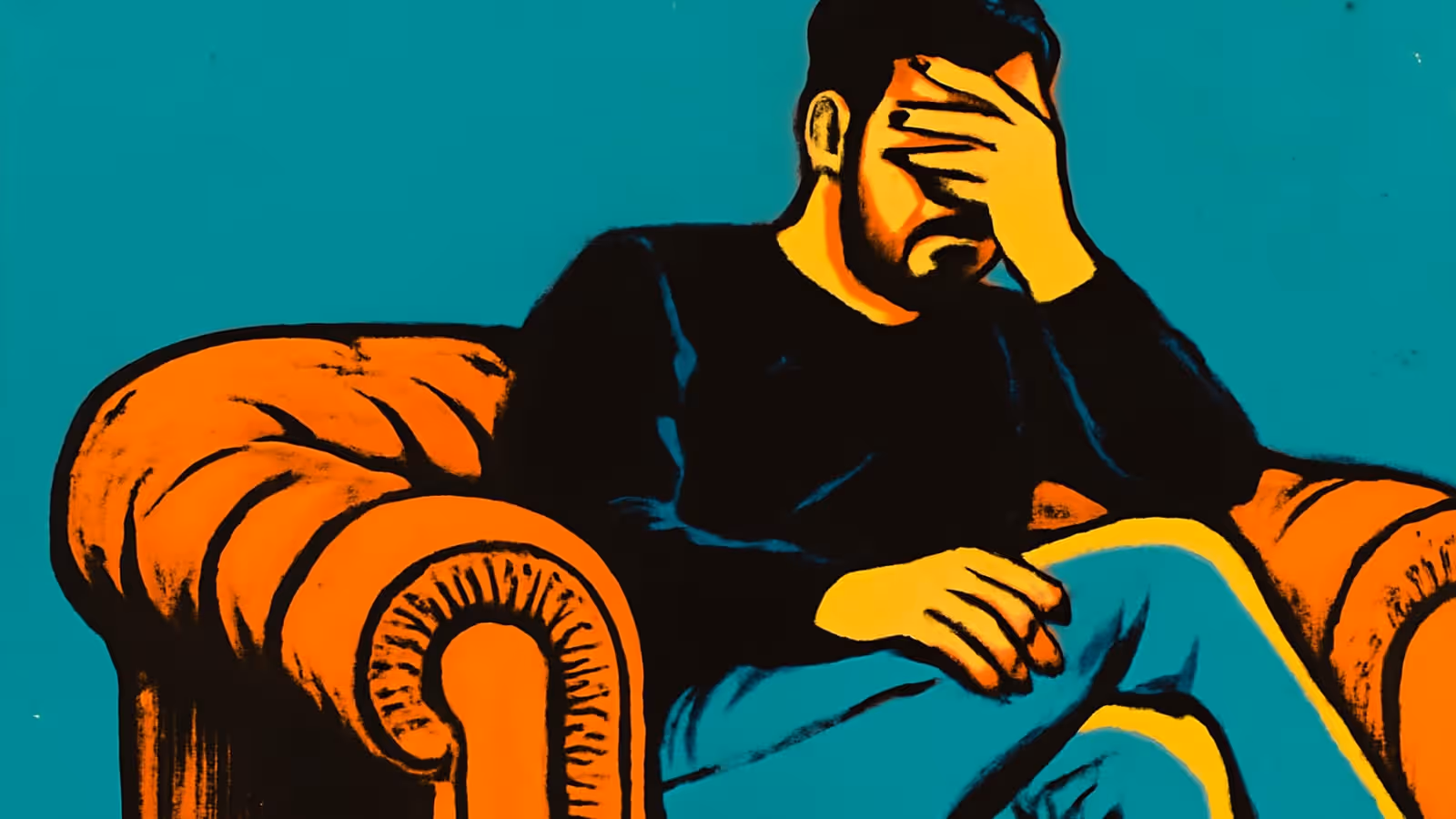Pop-Art-Illustration eines bärtigen Mannes, der entspannt in einem orangefarbenen Sessel vor einem türkisfarbenen Hintergrund sitzt, mit einer Hand, die seine Augen bedeckt.