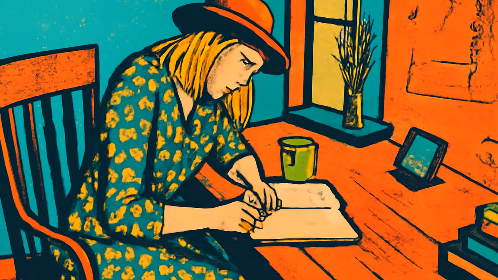 Pop-Art-Illustration einer Frau in einem Hut, die an einem Holztisch neben einem Fenster sitzt und in einem offenen Notizbuch neben einer Tasse schreibt.