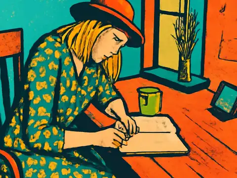 Pop-art illustration of a woman in a hat sitting at a wooden table by a window, writing in an open notebook beside a mug.