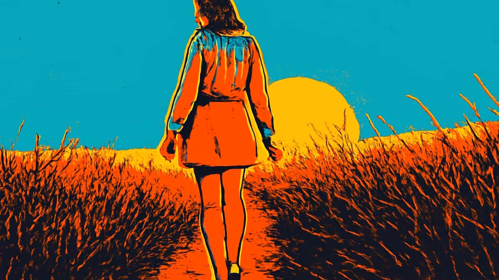 Pop-Art-Illustration einer Frau, die sich von der Betrachterin entfernt, auf einem Weg durch hohes Gras, auf die tief stehende Sonne zu.