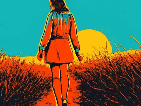 Pop-art illustration of a woman walking away from the viewer along a path through tall grass, towards a low sun.