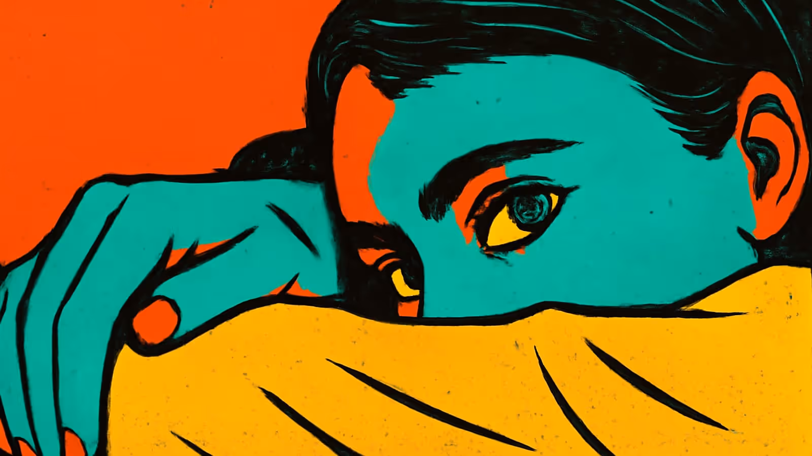 Ilustración de pop-art con un rostro de corte corto, con la mitad inferior oculta detrás de una manga amarilla levantada, un ojo visible por encima de ella, sobre un fondo naranja plano.