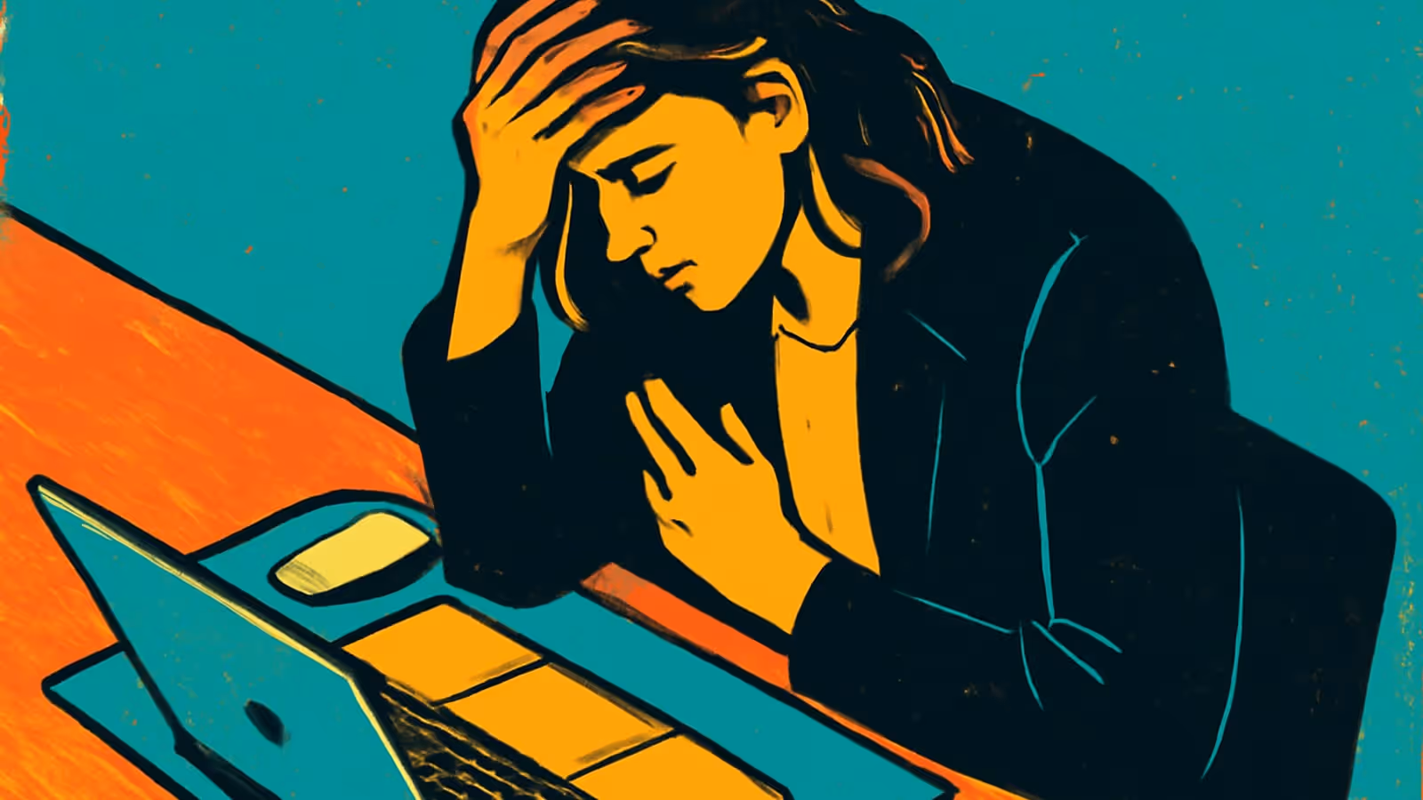 Una mujer sentada en un escritorio frente a una computadora portátil abierta, con una mano contra su frente y los ojos bajos, representada como una ilustración plana en tonos azul verdoso y naranja.