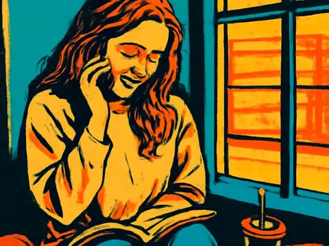Pop-art illustration of a woman sitting by a window with an open book on her lap, smiling as she holds a phone to her ear.