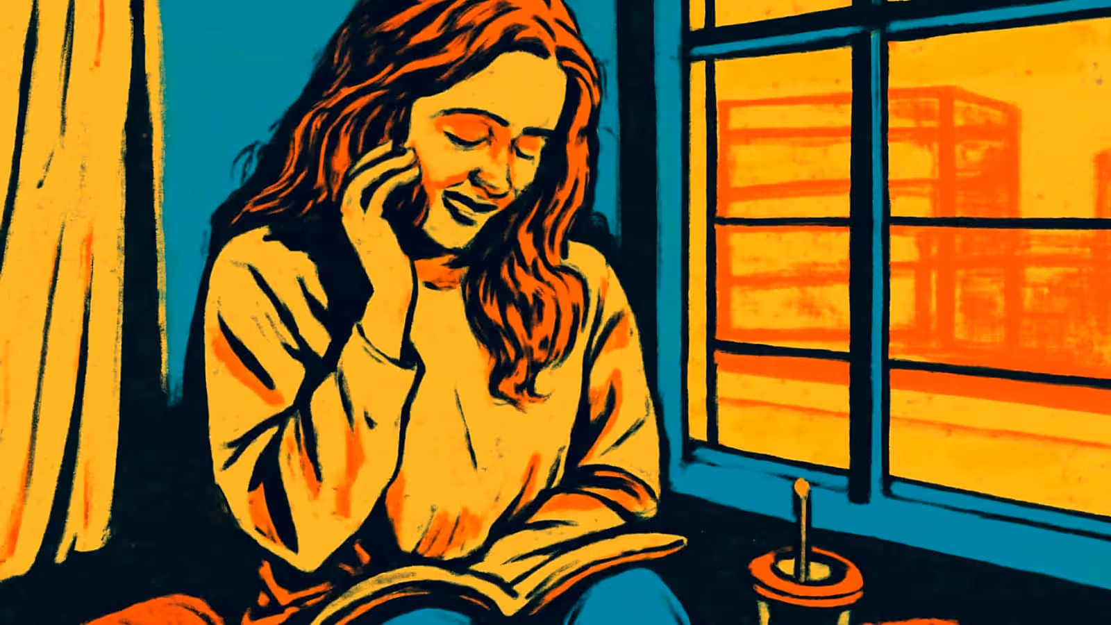 Pop-Art-Illustration einer Frau, die an einem Fenster sitzt, mit einem offenen Buch auf ihrem Schoß, lächelnd, während sie ein Telefon ans Ohr hält.