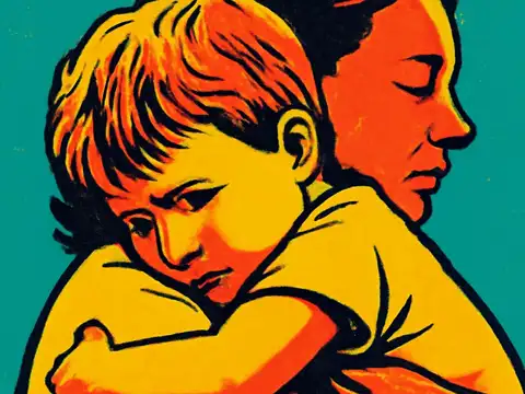 Pop-art illustration of a child clinging tightly to an adult, face resting on their shoulder with arms wrapped around them and a worried expression.