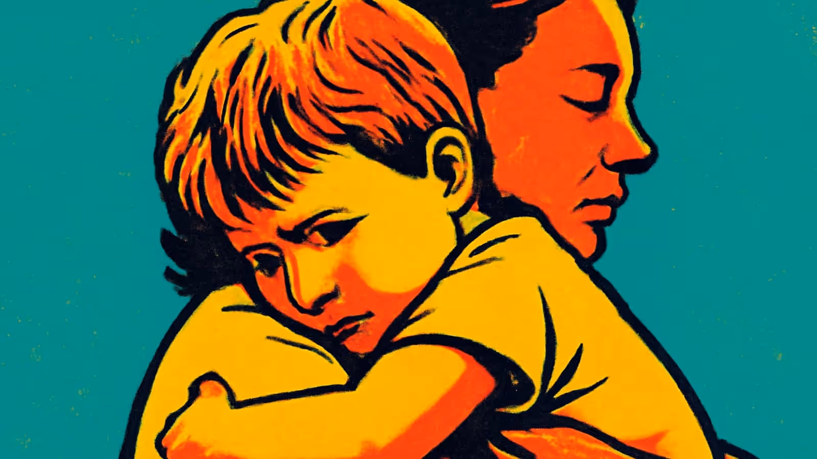 Pop-Art-Illustration eines Kindes, das sich fest an einen Erwachsenen klammert, mit dem Gesicht auf dessen Schulter und den Armen um ihn geschlungen, während es einen besorgten Ausdruck zeigt.