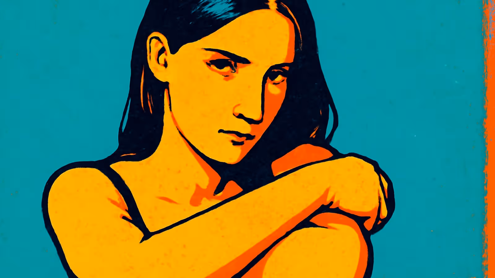 Pop-Art-Illustration einer jungen Frau mit dunklem Haar, die mit verschränkten Armen ruhig und gelassen in die Kamera blickt, vor einem türkisfarbenen Hintergrund.