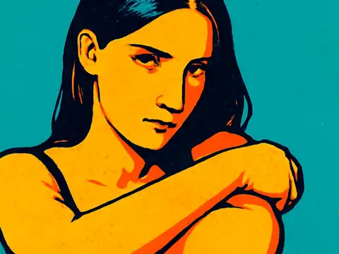 Pop-art illustration of a young woman with dark hair, arms crossed, looking steadily at the camera with a calm, composed expression against a teal background.