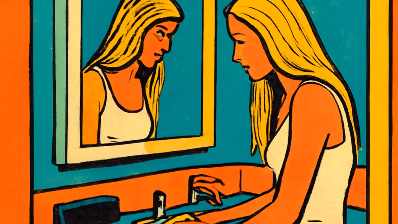 Pop-Art-Illustration einer Frau, die an einem Waschbecken im Badezimmer steht und nach unten schaut, ihr Spiegelbild im darüber befindlichen Spiegel sichtbar.