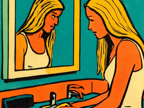 Pop-art illustration of a woman standing at a bathroom sink looking down, her reflection visible in the mirror above.
