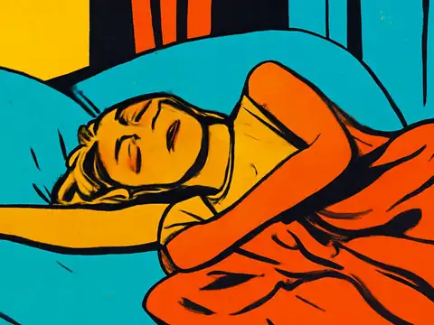 A person lying on their side in bed with their eyes closed, one arm stretched out across a pale blue pillow and orange bedding pulled over them, rendered as a flat orange, yellow and teal illustration.