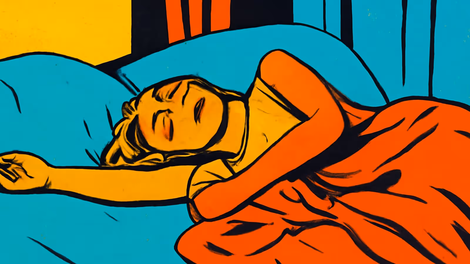 Eine Person, die auf der Seite im Bett liegt, mit geschlossenen Augen, einem Arm, der sich über ein blassblaues Kissen erstreckt, und orangefarbener Bettwäsche, die über sie gezogen ist, dargestellt als eine flache Illustration in Orange, Gelb und Türkis.