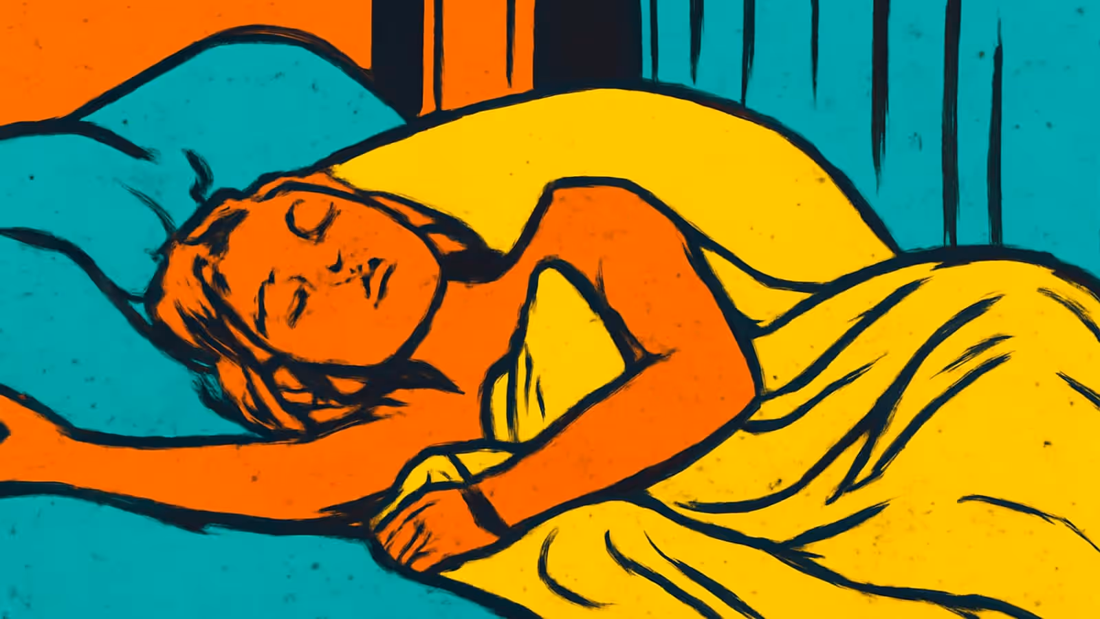 Pop-art illustration of a woman lying asleep in bed.