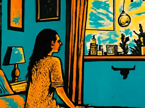 A flat illustration of a person standing beside a bed in a teal bedroom, turned towards a window with plants and small objects along the sill.