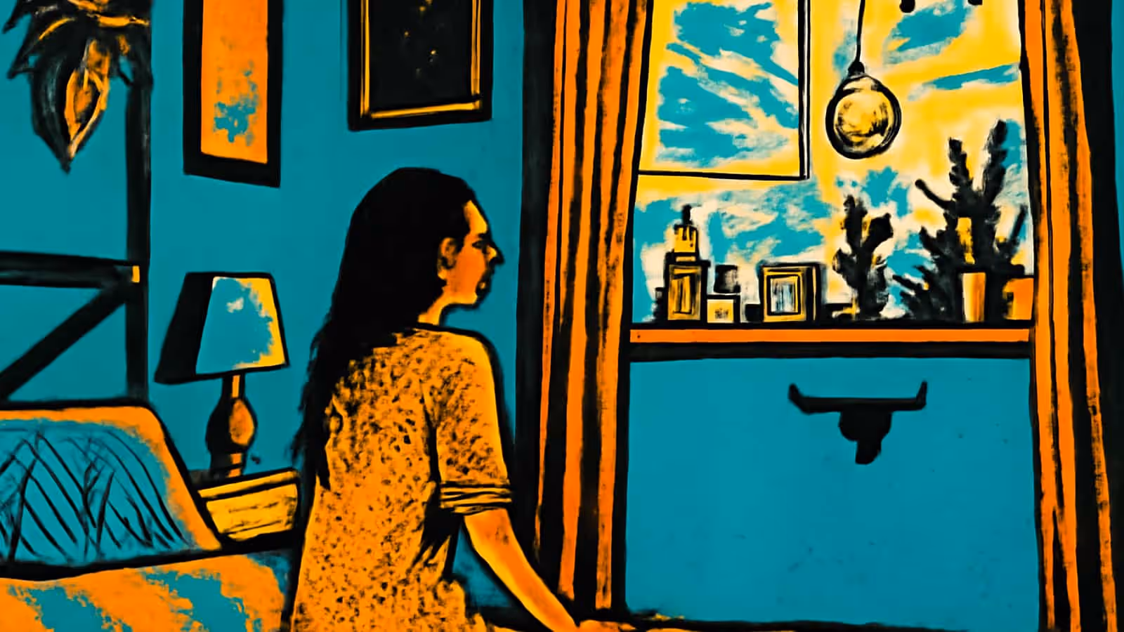 Eine flache Illustration einer Person, die neben einem Bett in einem türkisfarbenen Schlafzimmer steht und sich einem Fenster zuwendet, an dem Pflanzen und kleine Gegenstände auf der Fensterbank stehen.