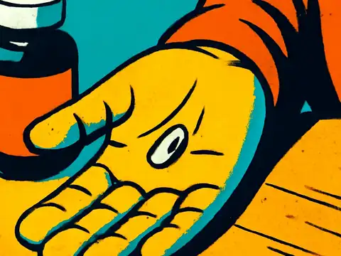 An open empty palm held out beside a capped medication bottle on a wooden table, rendered as a flat orange, yellow and teal illustration.