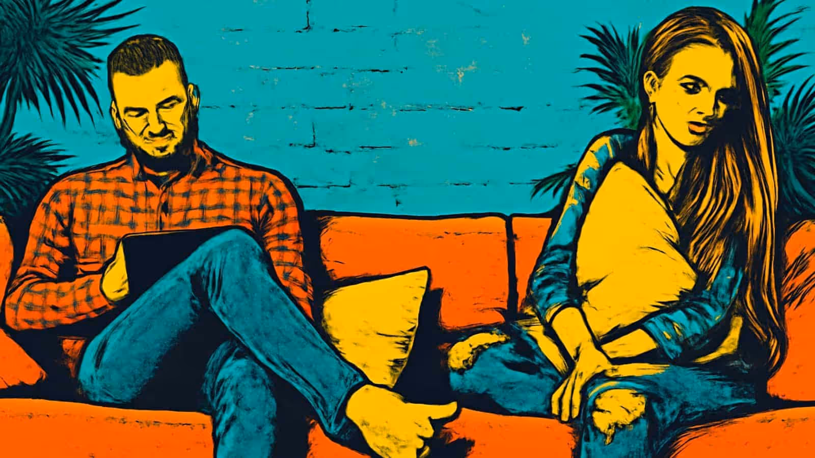 Eine flache Illustration von zwei Personen an den gegenüberliegenden Enden eines orangefarbenen Sofas, eine Person schaut auf ein Tablet und die andere umarmt ein Kissen und schaut weg.