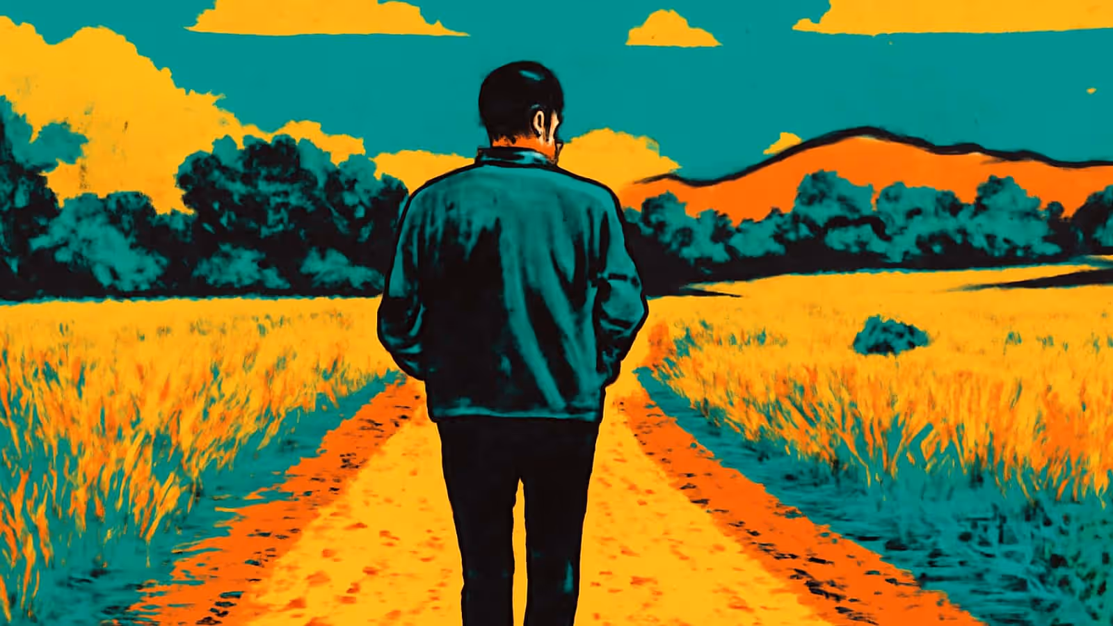 Ilustración de pop-art vista desde atrás de una persona caminando por un camino de tierra entre campos, con las manos en los bolsillos, colinas a lo lejos.