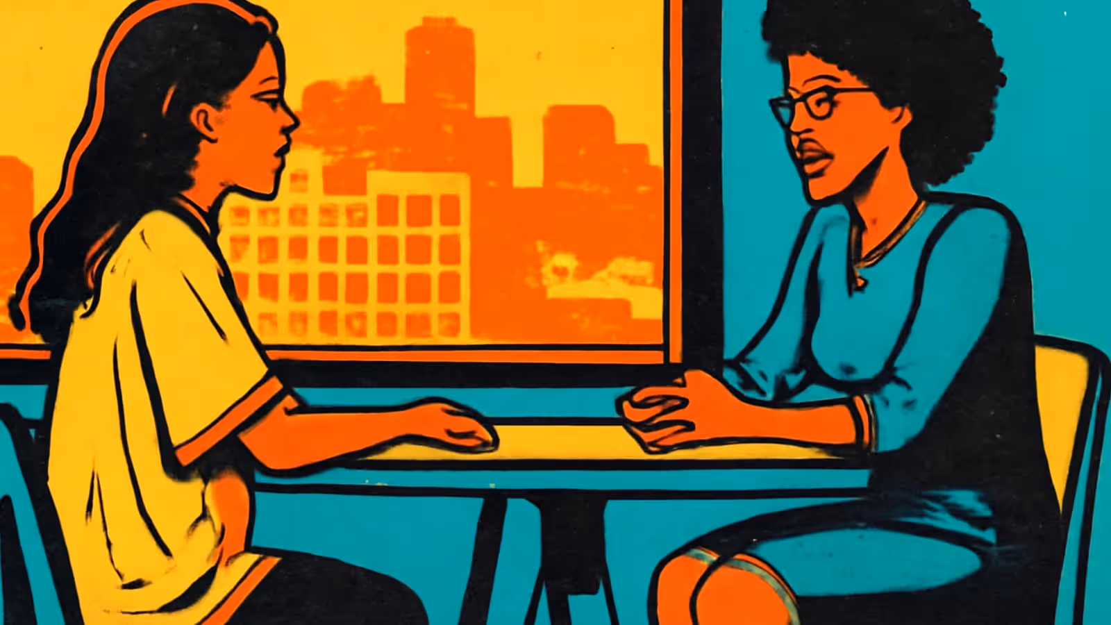Ilustración de pop-art de dos personas sentadas frente a una mesa pequeña en conversación, con las manos apoyadas sobre la mesa, y un horizonte urbano naranja a través de la ventana detrás de ellas.