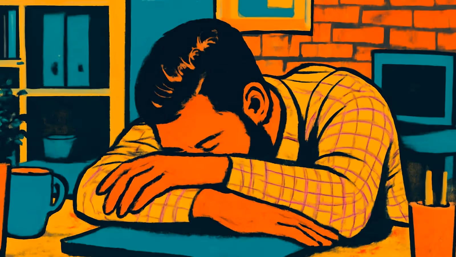 Ilustración de pop-art de una persona inclinada hacia adelante con la cara apoyada en sus brazos doblados sobre un escritorio, junto a una taza y una laptop cerrada.