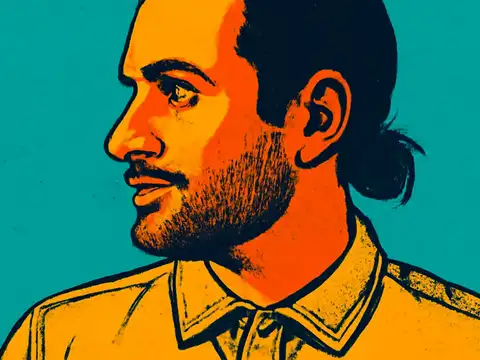 Pop-art illustration of a bearded man in a collared shirt shown in profile, looking to one side against a plain background.
