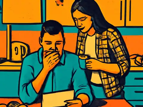 Pop-art illustration of a man sitting at a kitchen table with a hand over his mouth, reading a document, while a woman stands behind him holding a mug.